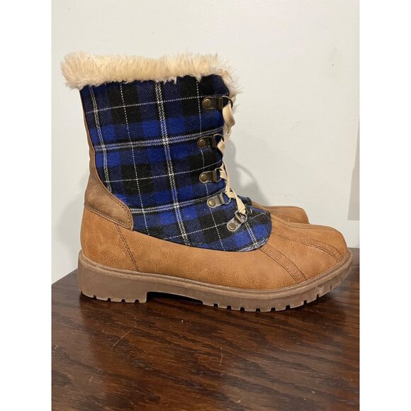 Plaid Lace-Up Winter Duck Boots w/ Faux Fur Lining Size 9 Brown & Blue - Picture 1 of 9